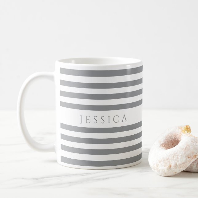 Minimalist Grey Stripes Pattern Name Coffee Mug (With Donut)