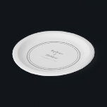 Minimalist Grey White Bride & Groom Wedding  Paper Plate<br><div class="desc">A modern grey border brings a clean, understated look to these 7-inch wedding party plates. The couple’s first names and event date appear in simple grey script and lettering, creating a refined, minimalist style on a crisp white background. This small‑format plate is ideal for engagement celebrations, couples showers, rehearsal dinners,...</div>