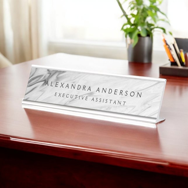 Minimalist Grey White Marble Professional Desk Name Plate (Creator Uploaded)