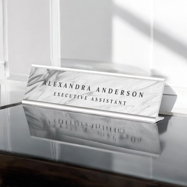 Minimalist Grey White Marble Professional Desk Name Plate (Creator Uploaded)