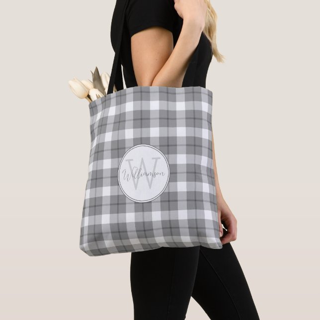Minimalist Grey & White Plaid Monogram Tote Bag (Close Up)
