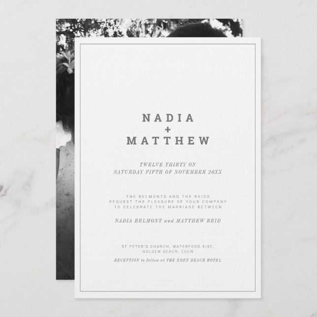 Minimalist grey white vertical text photo wedding invitation (Front/Back)
