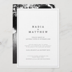 Minimalist grey white vertical text photo wedding invitation