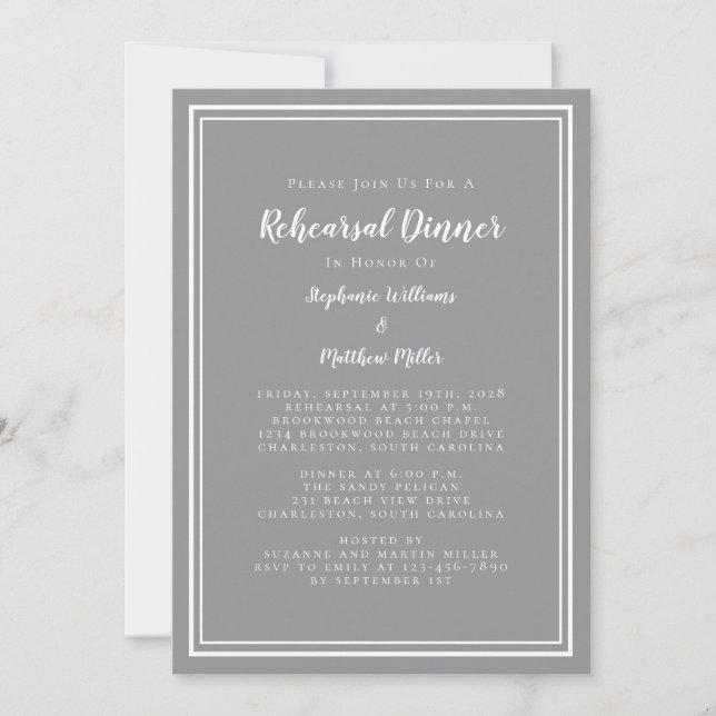 Minimalist Grey White Wedding Rehearsal Dinner Invitation (Front)