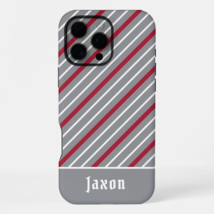 Minimalist Grey with Dark Red and White Stripes iPhone 16 Pro Max Case
