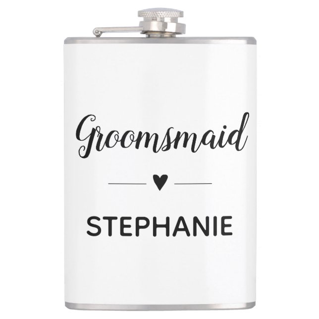 Minimalist Groomsmaid With Name Script Wedding Hip Flask (Front)