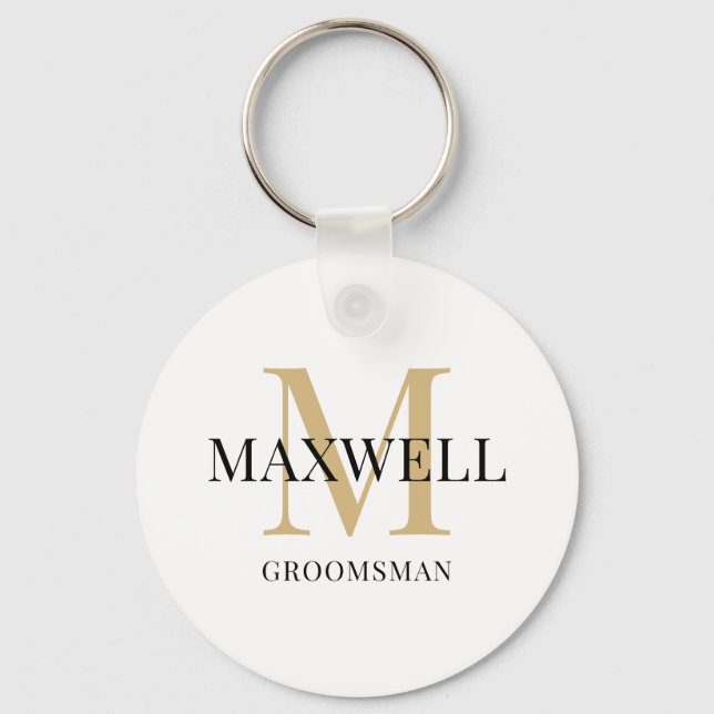 Minimalist Groomsman Black Gold Custom Monogram Key Ring (Front)