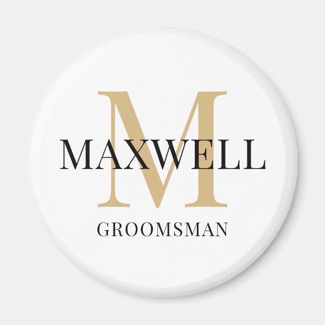 Minimalist Groomsman Black Gold Custom Monogram Magnet (Front)