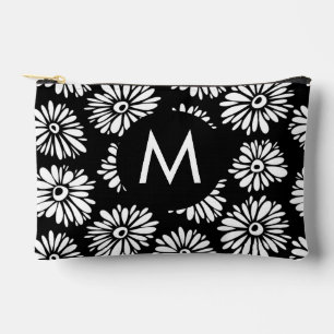 Minimalist Groovy Black and White Daisy Monogram Accessory Pouch