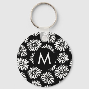 Minimalist Groovy Black and White Daisy Monogram Key Ring