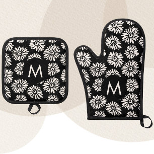 Minimalist Groovy Black and White Daisy Monogram Oven Mitt & Pot Holder Set