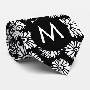 Minimalist Groovy Black and White Daisy Monogram Tie