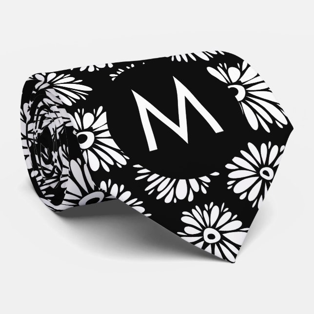 Minimalist Groovy Black and White Daisy Monogram Tie (Rolled)