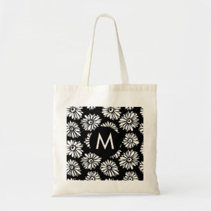 Minimalist Groovy Black and White Daisy Monogram Tote Bag
