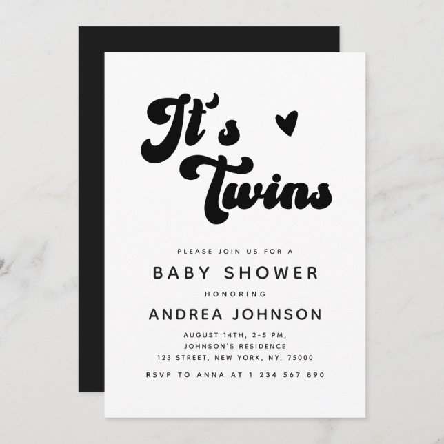 Minimalist Groovy Retro Twins Heart Baby Shower Invitation (Front/Back)