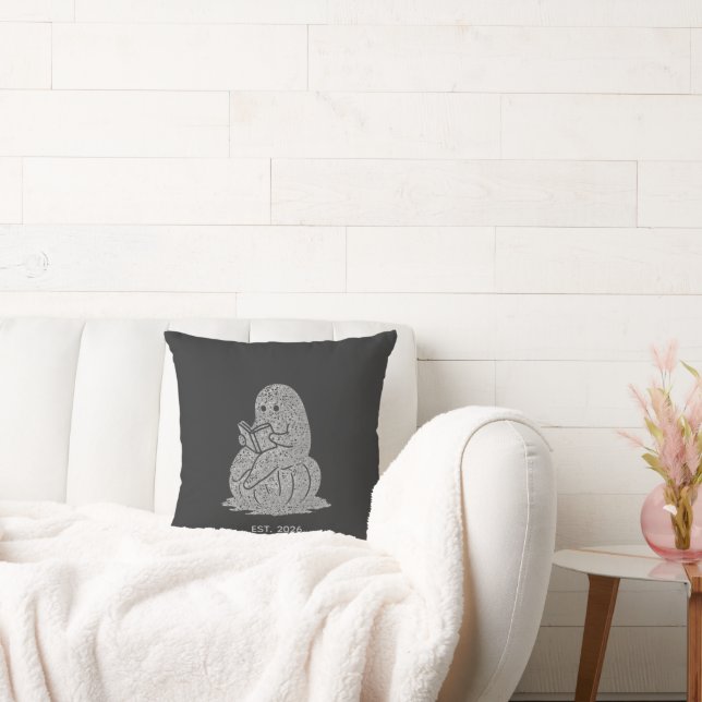 Minimalist Grunge Ghost Reading Book on Pumpkin  Cushion (Couch)