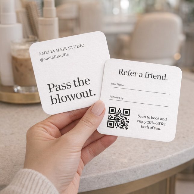 Minimalist Hair Salon Refer a Friend QR Code  Square Business Card (Creator Uploaded)