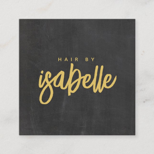 Minimalist Hair Stylist Mustard Script Black Square Business Card (Front)