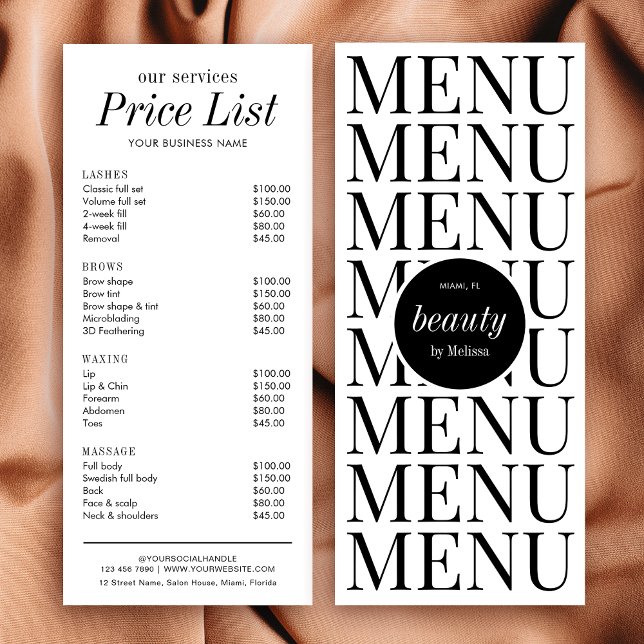 Minimalist Hair Stylist Salon Services Price List Rack Card (minimalist business price list menu cards in black & white design with fully editable text & colors)