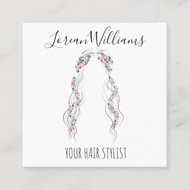 Minimalist Hairstylist Bride Wavy Hair Chic Floral Square Business Card (Front)