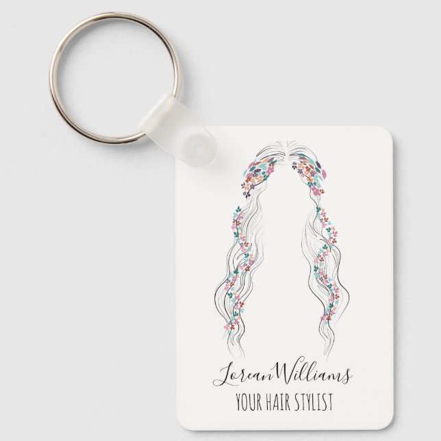 Minimalist Hairstylist Bride Wavy Hair Floral QR Key Ring (Front)