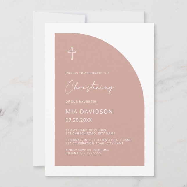 Minimalist Half Arch Blush Pink Girl Christening   Invitation (Front)