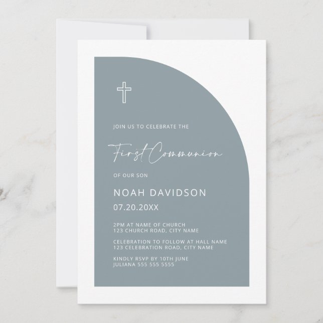Minimalist Half Arch Dusty Blue First Communion Invitation (Front)