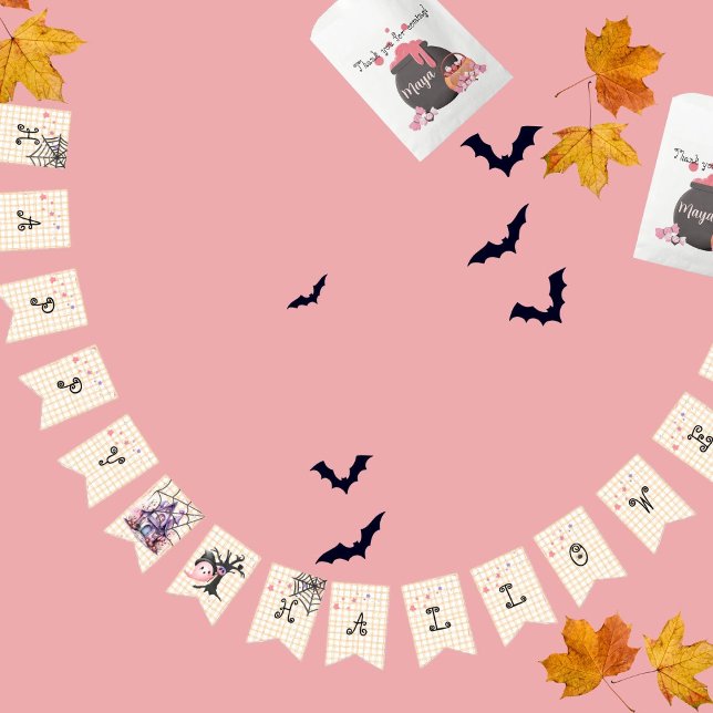 Minimalist halloween cute yellow pink  bunting  (clean and cute spooky halloween banner)
