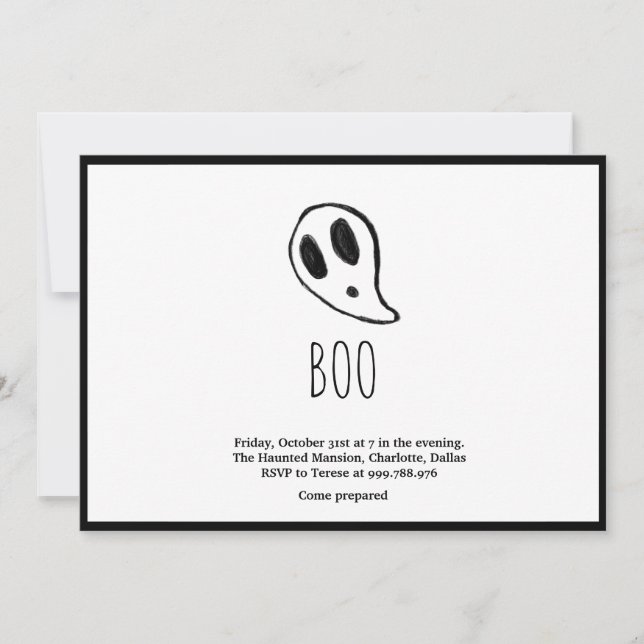 Minimalist Halloween Ghost Black And White Invitation (Front)