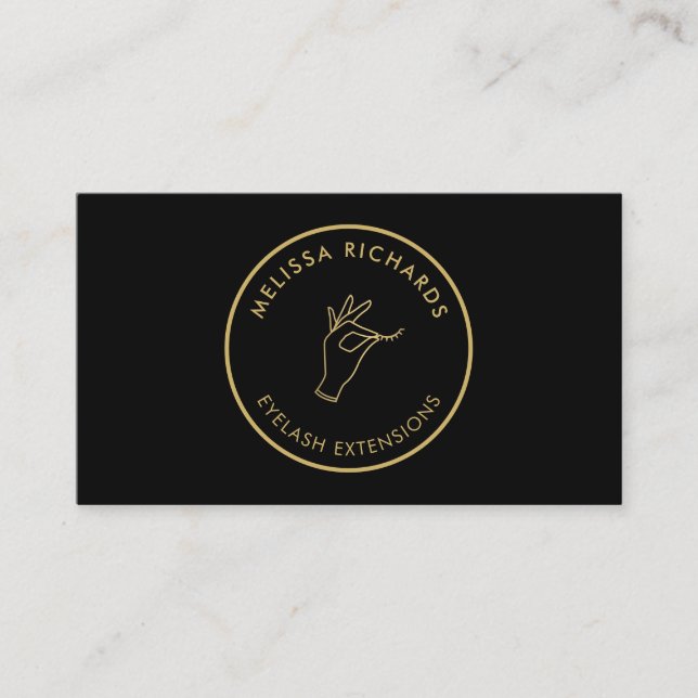 Minimalist Hand and Lashes Circle Logo Black/Gold Business Card (Front)
