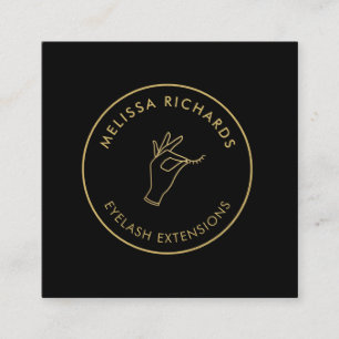 Minimalist Hand and Lashes Circle Logo Black/Gold Square Business Card