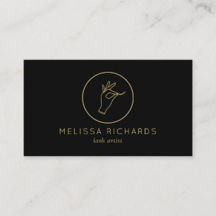 Minimalist Hand and Lashes Logo Makeup Black/Gold Business Card