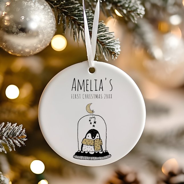 Minimalist Hand-Drawn Baby's First Christmas Ceramic Tree Decoration (Modern minimalist hand-drawn black and gold customisable baby's first Christmas ornament. )