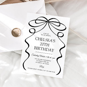 Minimalist Hand Drawn Black Bow 20th Birthday Invitation