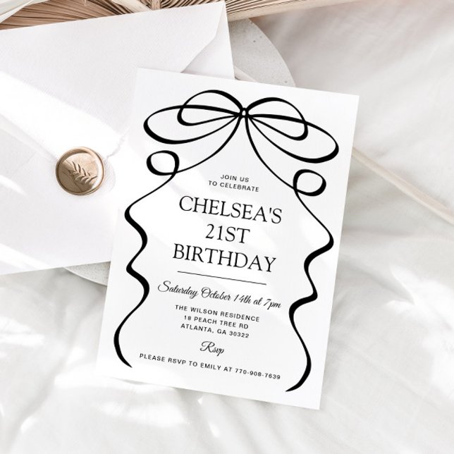 Minimalist Hand Drawn Black Bow 21st Birthday Invitation (Creator Uploaded)