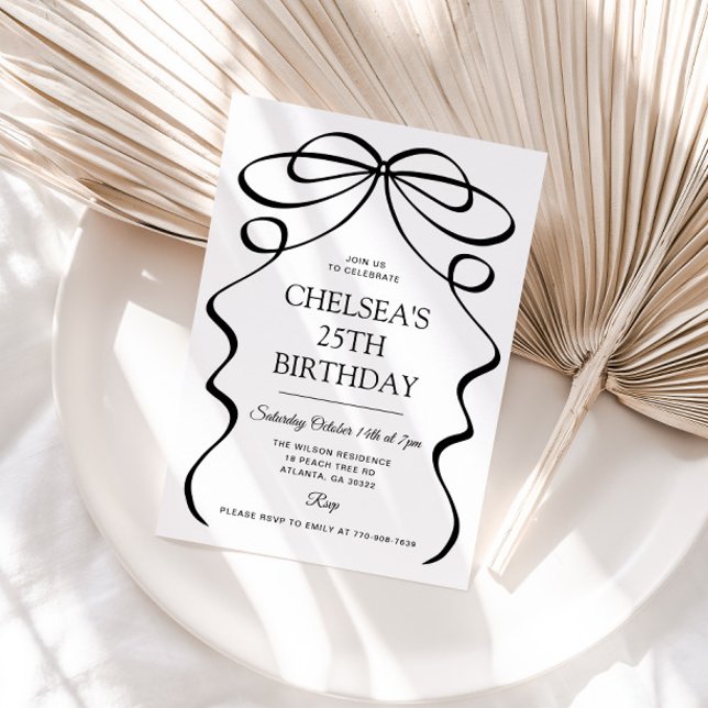 Minimalist Hand Drawn Black Bow 25th Birthday Invitation (Creator Uploaded)