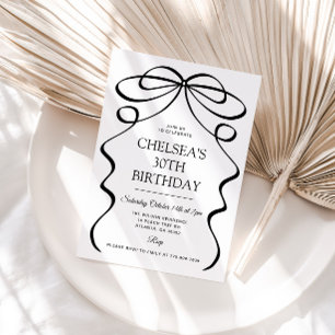 Minimalist Hand Drawn Black Bow 30th Birthday Invitation