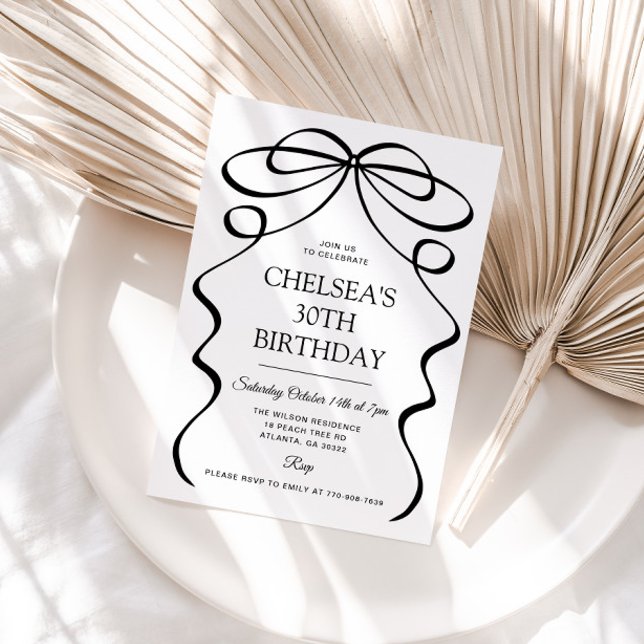 Minimalist Hand Drawn Black Bow 30th Birthday Invitation (Creator Uploaded)