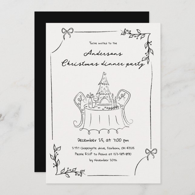 Minimalist Hand Drawn Christmas Dinner Party Invitation (Front/Back)