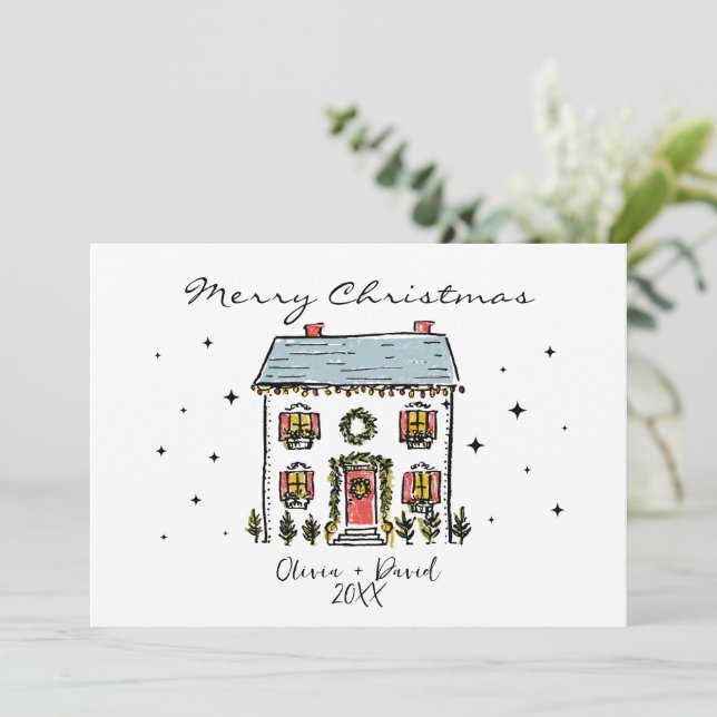Minimalist Hand-Drawn Doodles Merry Christmas Holiday Card (Standing Front)