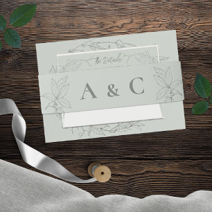 Minimalist Hand-drawn Vines Sage Green Grey Invitation Belly Band