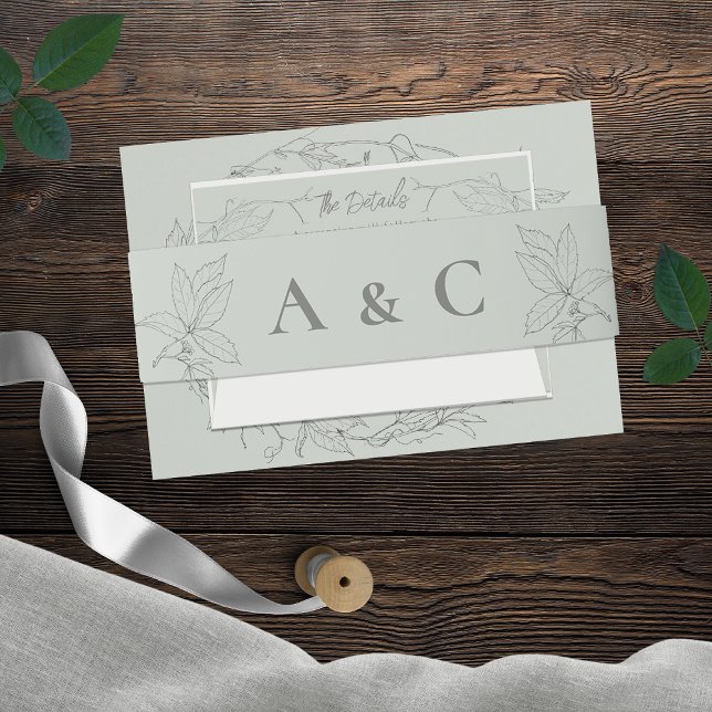 Minimalist Hand-drawn Vines Sage Green Grey Invitation Belly Band (Creator Uploaded)