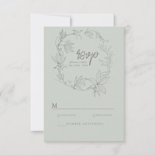 Minimalist Hand-drawn Vines Sage Green Grey RSVP C Card (Front)