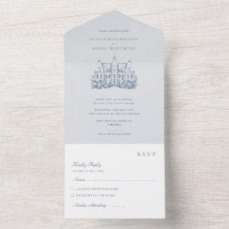 Minimalist Hand-Painted Chateau Venue, Dusty Blue  All In One Invitation