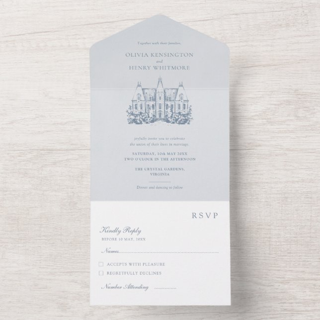 Minimalist Hand-Painted Chateau Venue, Dusty Blue  All In One Invitation (Inside)
