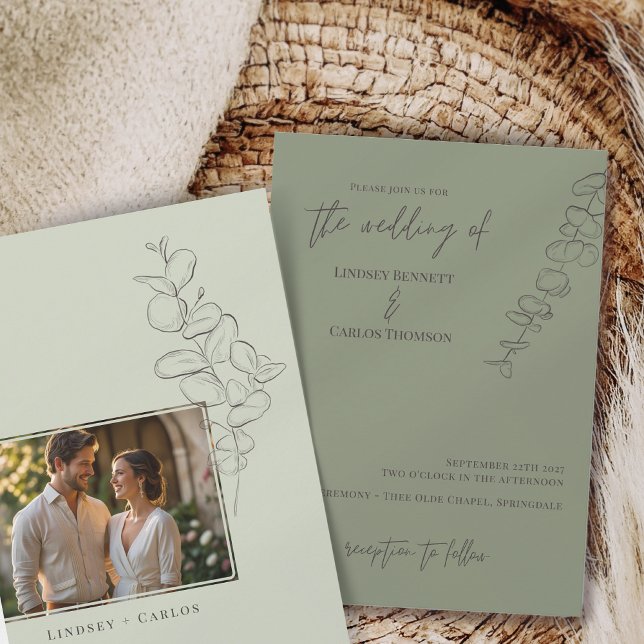 Minimalist handdrawn eucalyptus leaves photo invitation (Creator Uploaded)