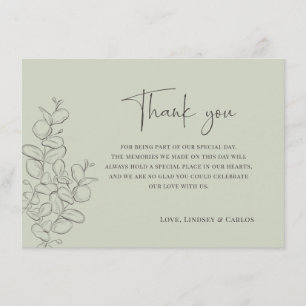 Minimalist handdrawn leaves green script wedding thank you card