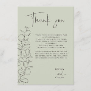 Minimalist handdrawn leaves green script wedding thank you card