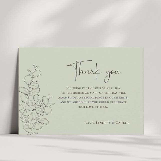 Minimalist handdrawn leaves green script wedding thank you card (Creator Uploaded)