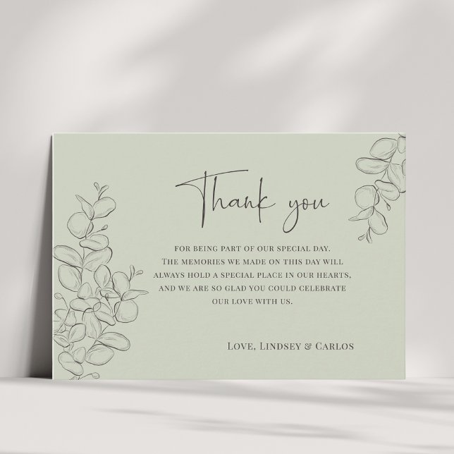 Minimalist handdrawn leaves green script wedding thank you card (Creator Uploaded)